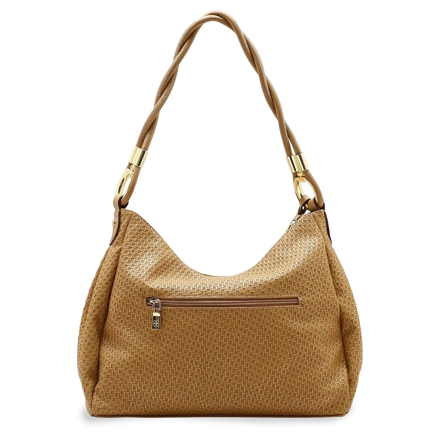 Bolsa Chenson marrom textura trançada vista traseira com bolso externo e alça torcida